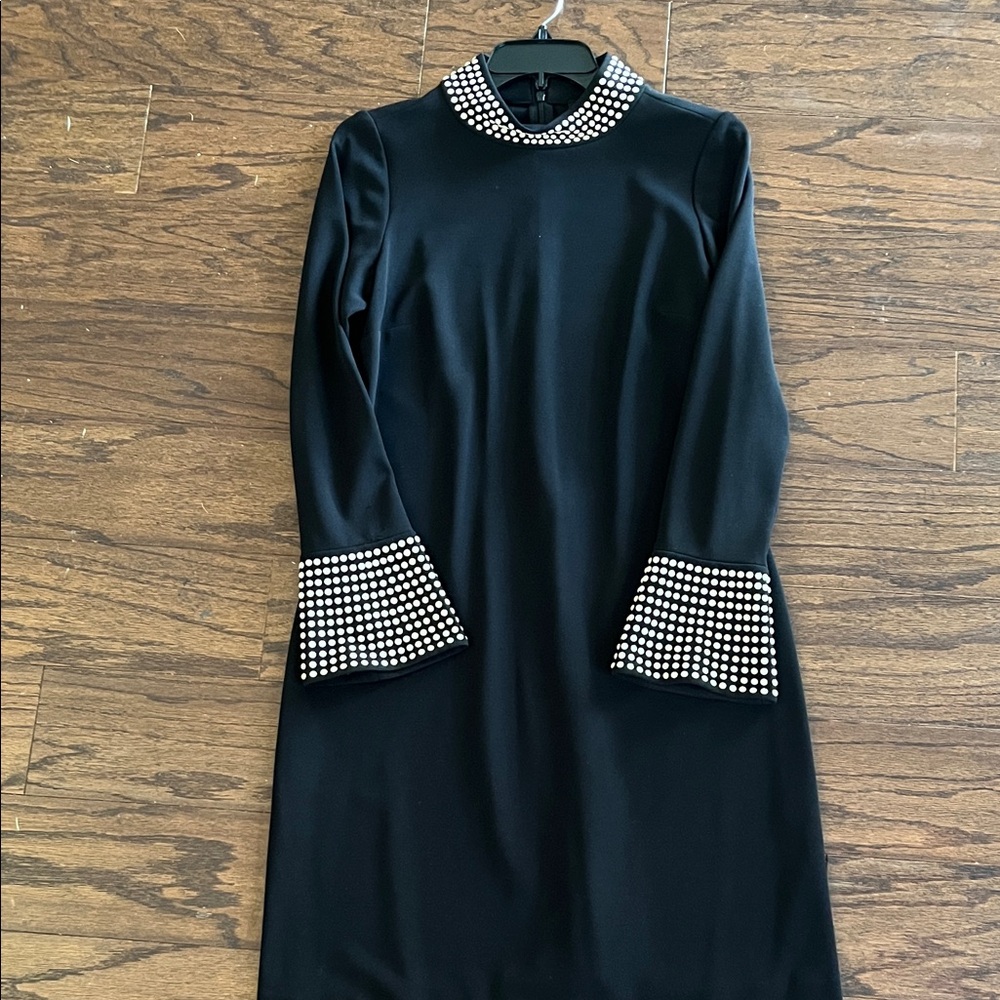 Black Long-Sleeve Dress with Embellished Collar & Cuffs